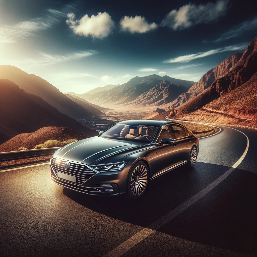 DALL·E 2024-02-25 01.54.11 - Imagine a sleek, luxury car parked on a scenic road that curves gently through the dramatic landscape of the Atlas Mountains in Morocco. The sky is a